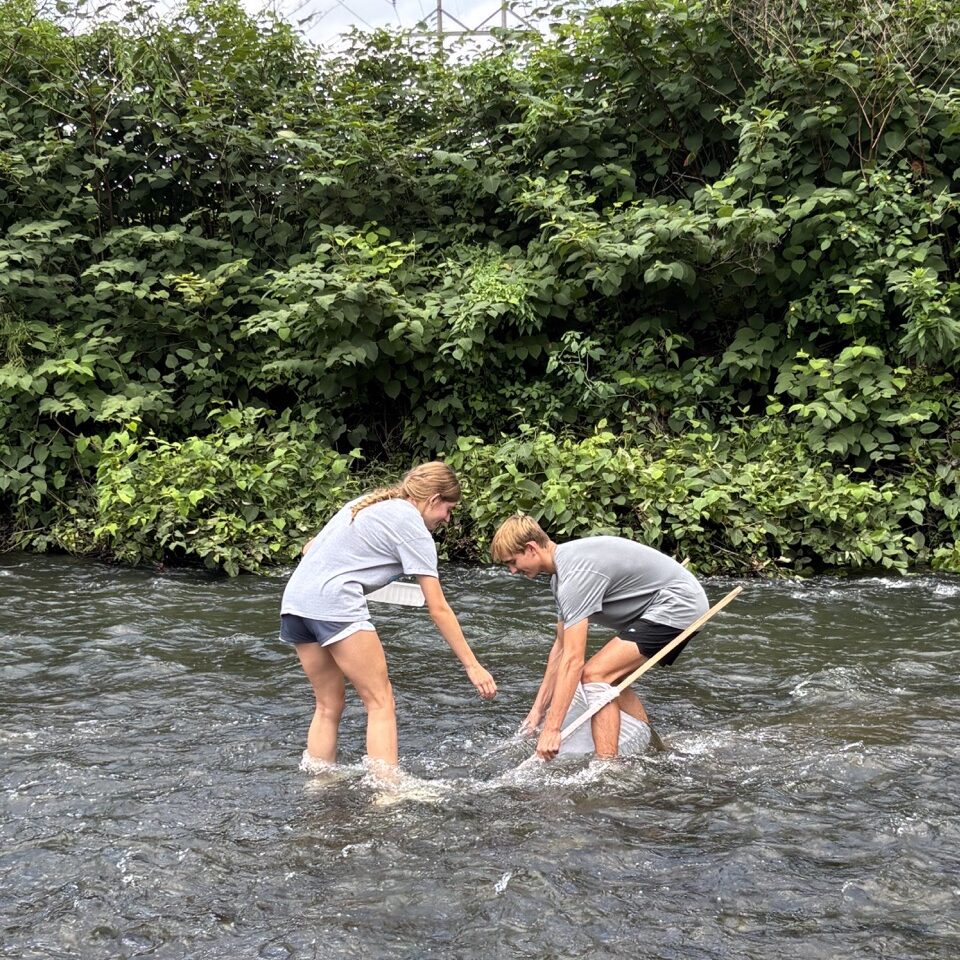 two students standing in creek with equipment