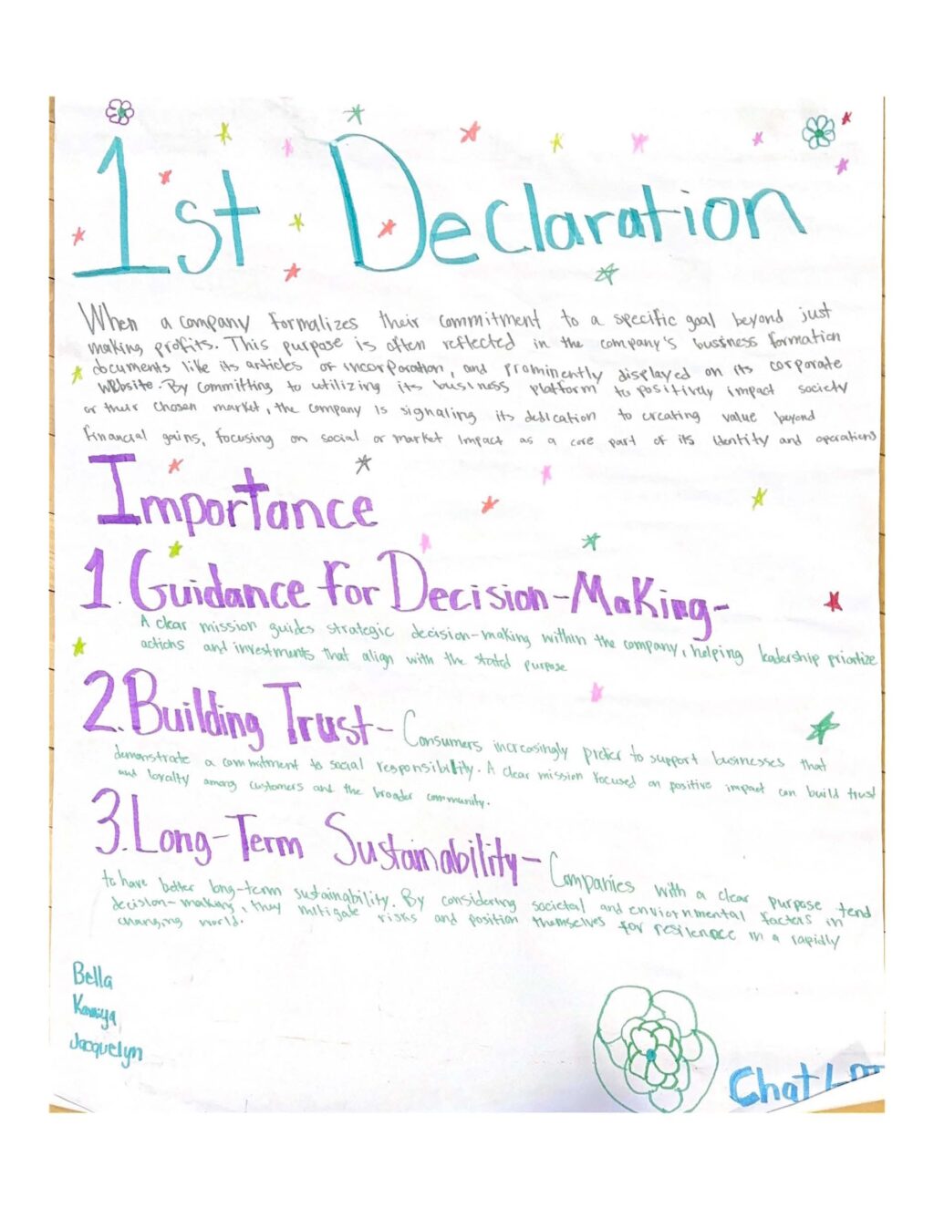 Handwritten note highlighting the basic ideas behind declaration one from the book, "The Mission Corporation: How contemporary capitalism can change the world one business at a time"