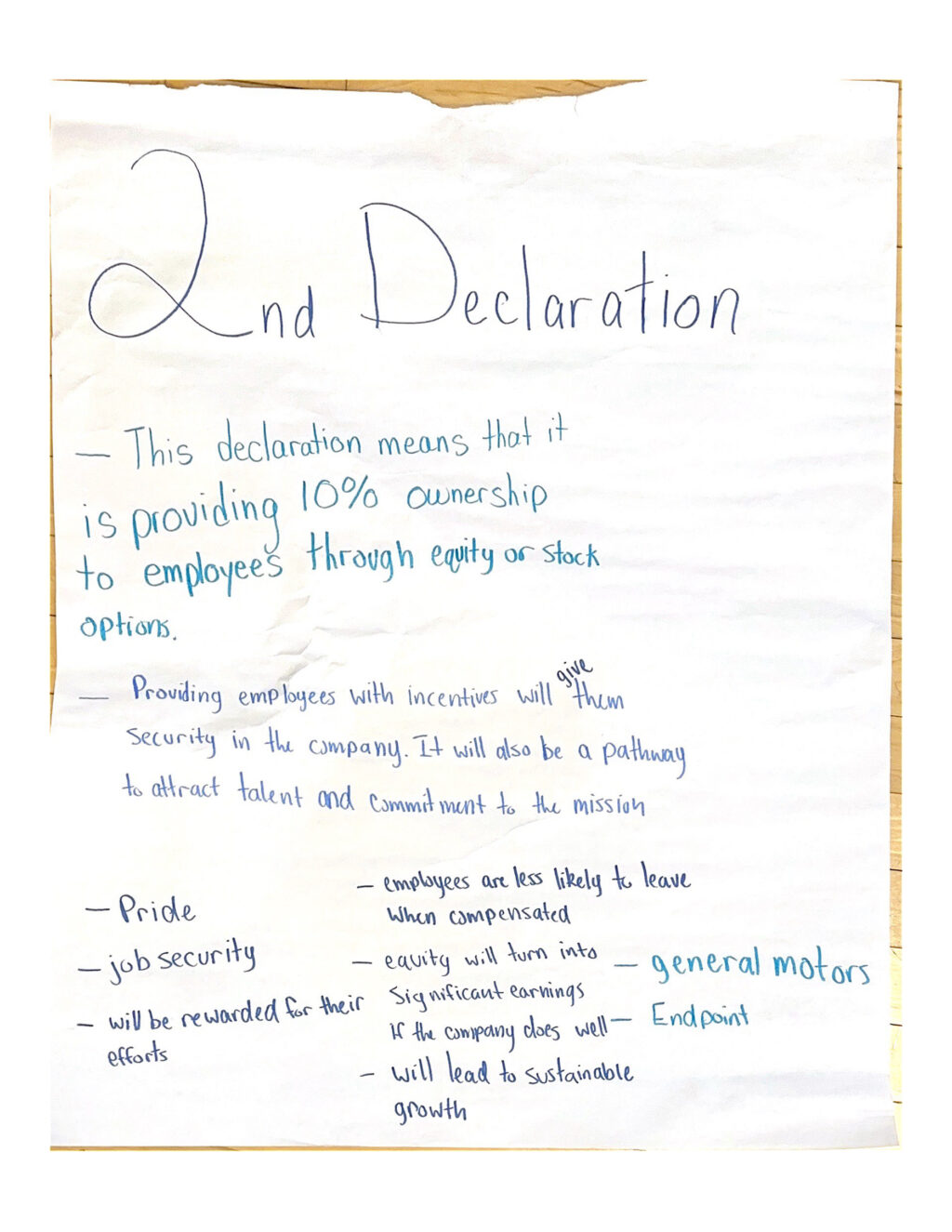 Handwritten note highlighting the basic ideas behind declaration two from the book, "The Mission Corporation: How contemporary capitalism can change the world one business at a time"