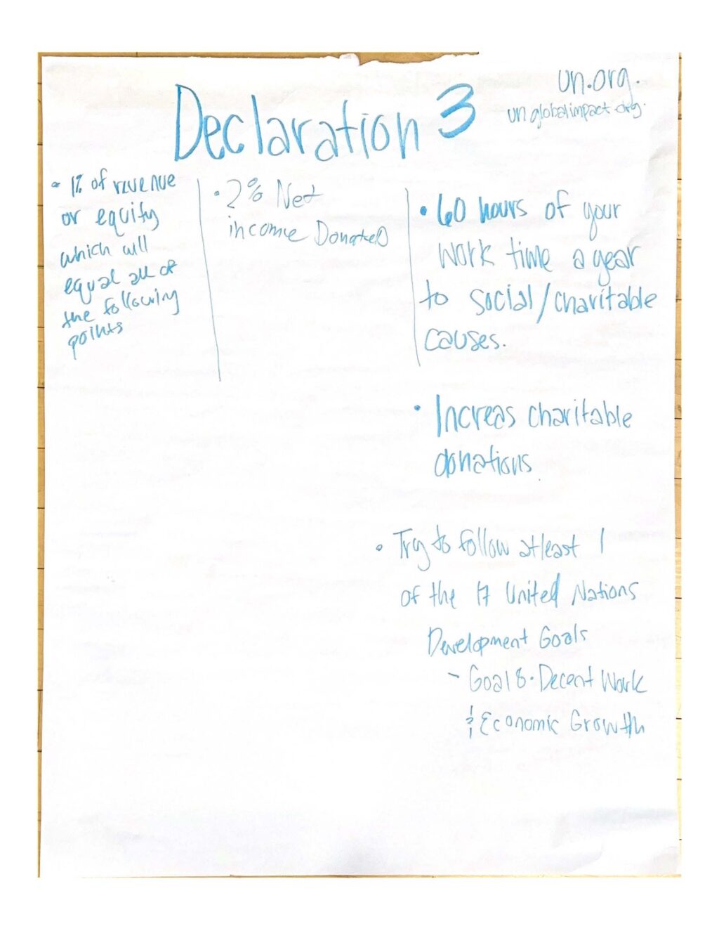 Handwritten note highlighting the basic ideas behind declaration three from the book, "The Mission Corporation: How contemporary capitalism can change the world one business at a time"