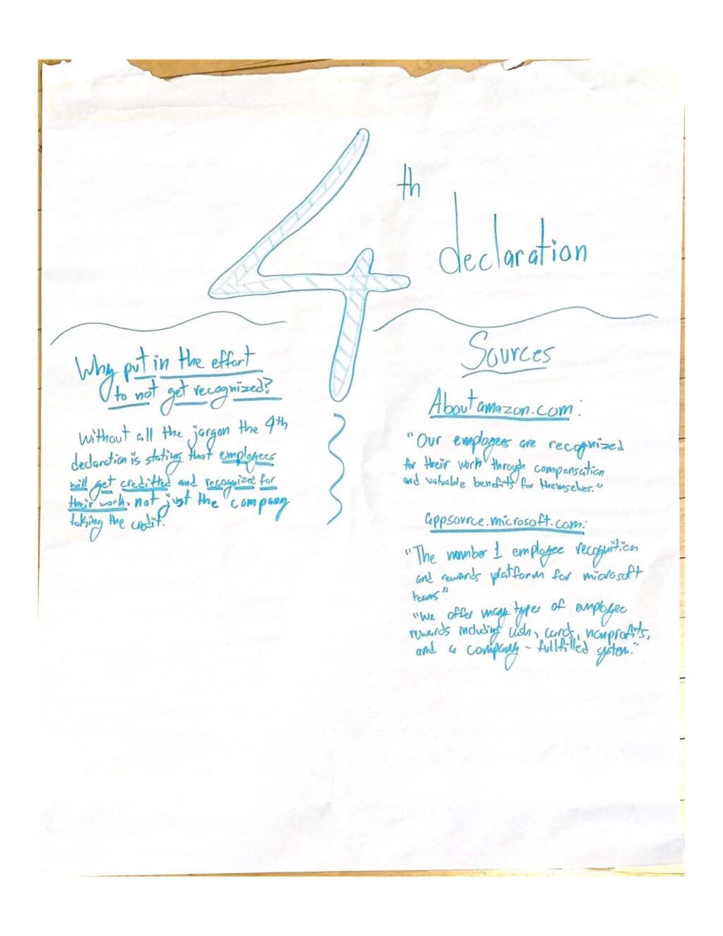 Handwritten note highlighting the basic ideas behind declaration four from the book, "The Mission Corporation: How contemporary capitalism can change the world one business at a time"