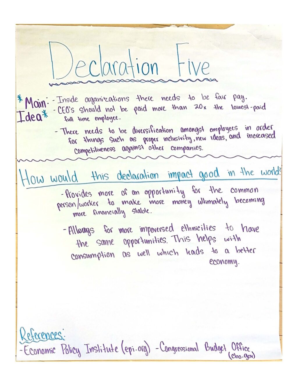 Handwritten note highlighting the basic ideas behind declaration five from the book, "The Mission Corporation: How contemporary capitalism can change the world one business at a time"