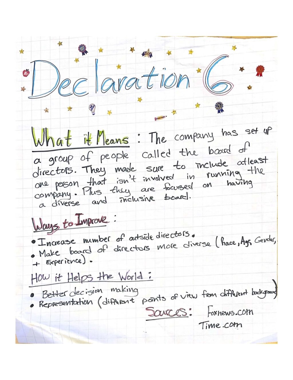 Handwritten note highlighting the basic ideas behind declaration six from the book, "The Mission Corporation: How contemporary capitalism can change the world one business at a time"