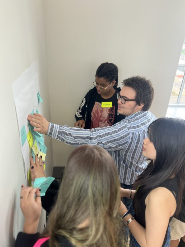 Summer Program learners take part in an activity, sticking post-it notes to a piece of paper hanging on a wall