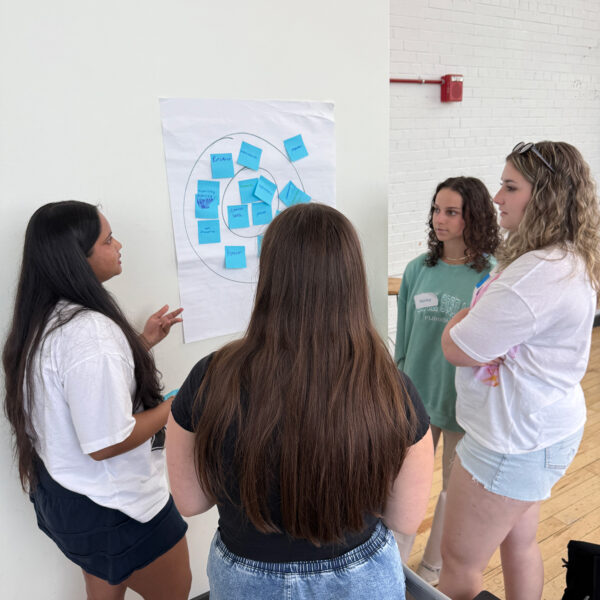 A group of students discusses ideas while standing beside a poster with sticky notes.