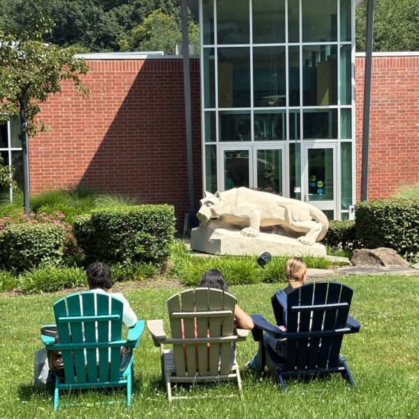 view from behind of three students sitting in Adirondack chairs facing Penn State lion statue at Greater Allegheny campus on sunny day